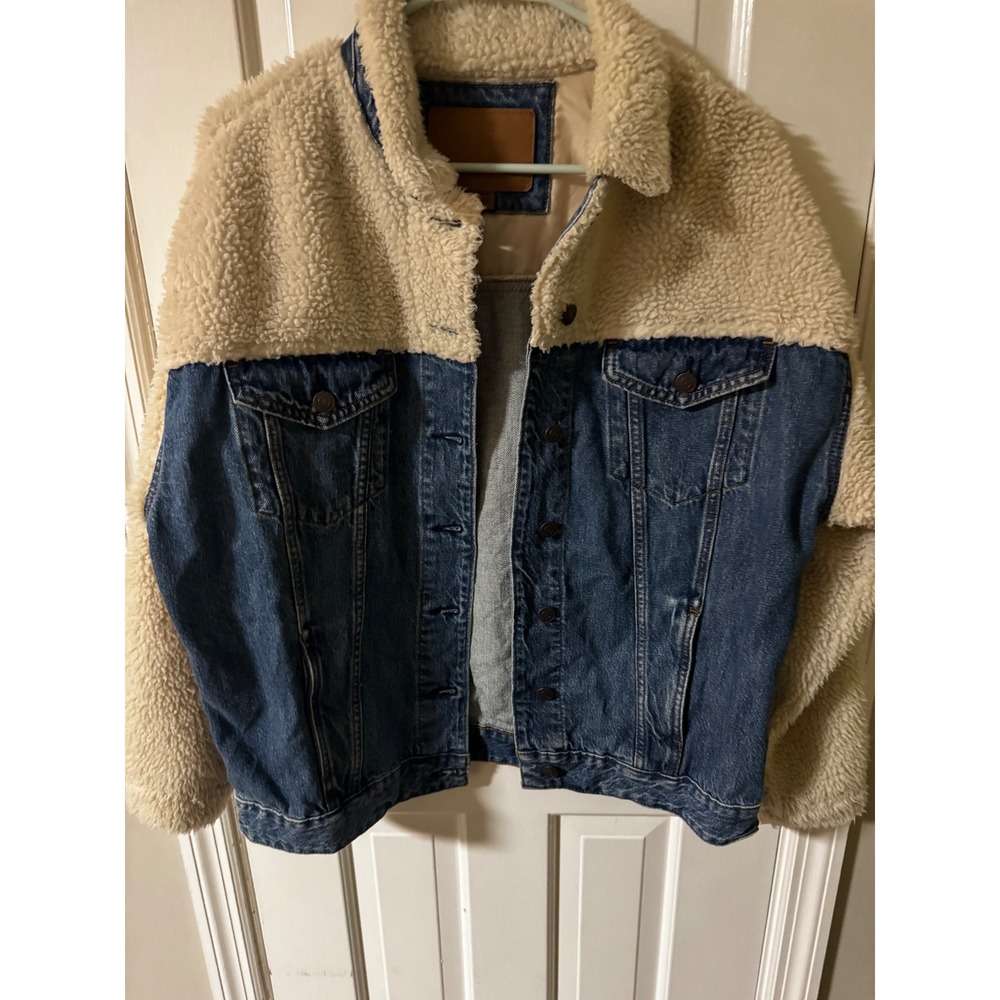 Mens Sherpa Lined Denim Jacket Beige Blue Trucker Style